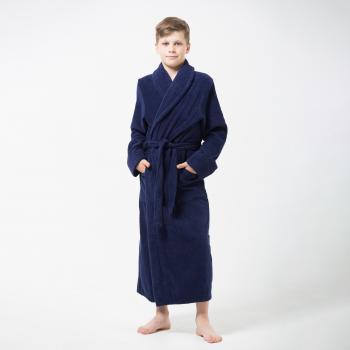 Подростковый классический махровый халат с капюшоном (Темно-синий)
