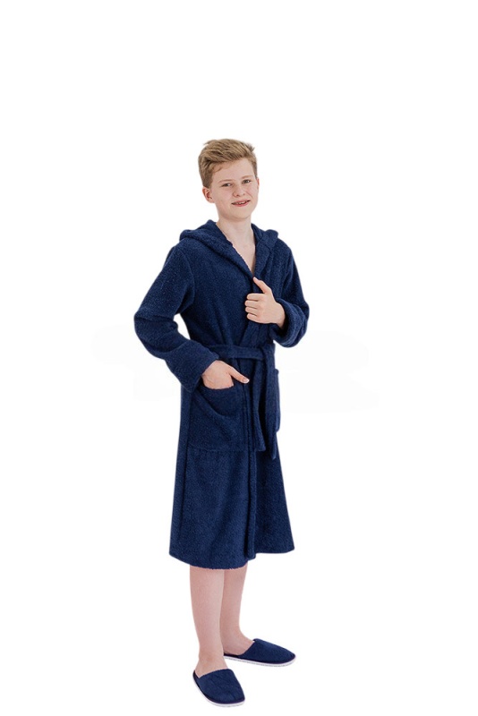 Подростковый классический махровый халат с капюшоном (Темно-синий)